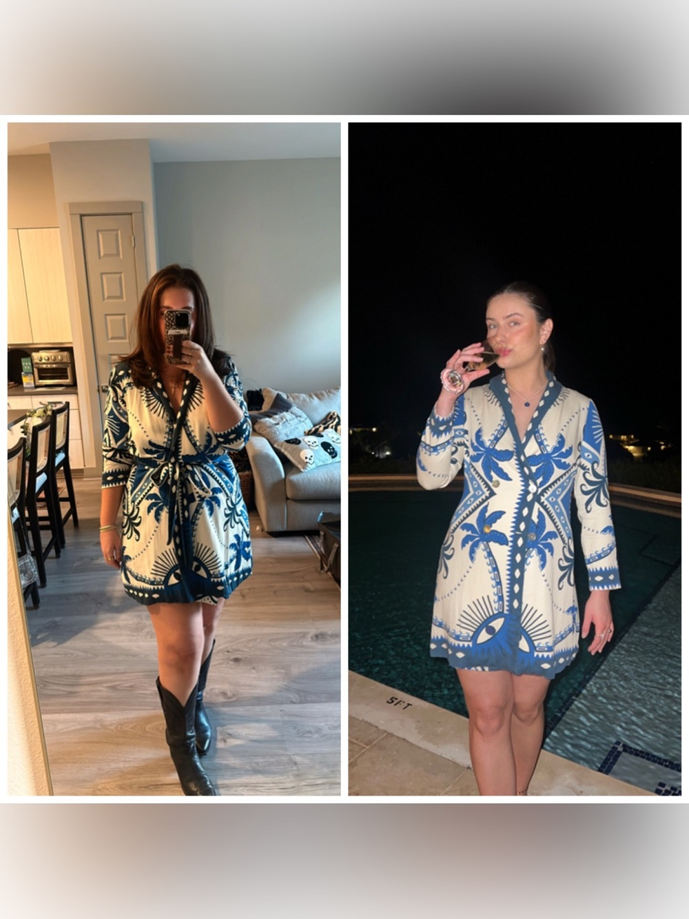 Farm Rio Long Sleeve Blazer Dress Blue Ivory Palm Tree Pattern Small Petite